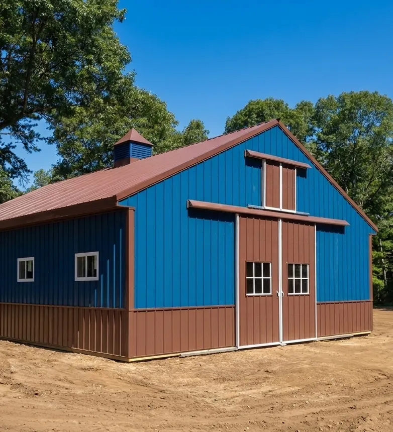 A blue and brown metal barn with double doors and windows sits on bare dirt.
