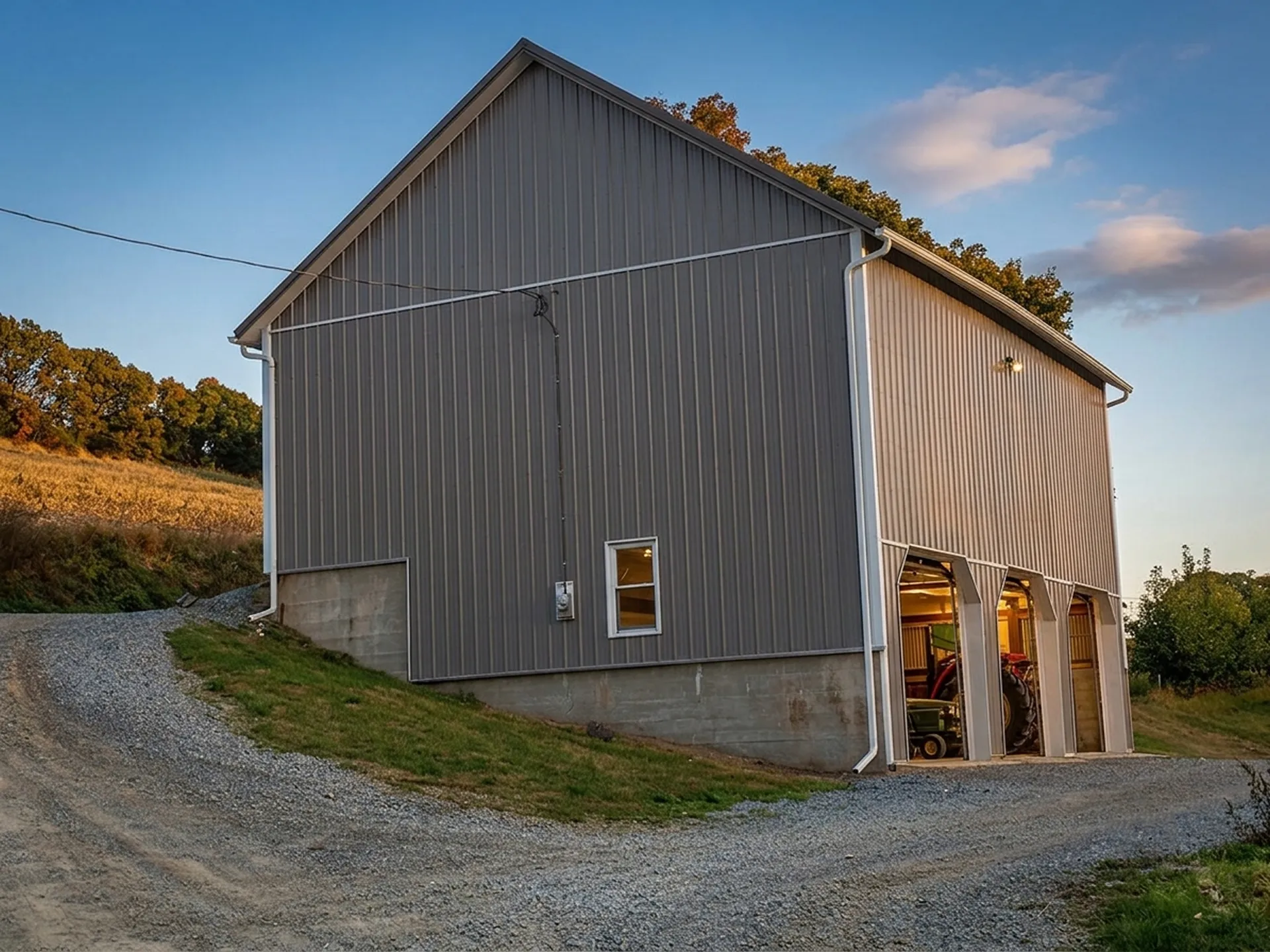 Large gray metal barn with three open garage doors, concrete foundation, and gravel driveway on a grassy hillside.