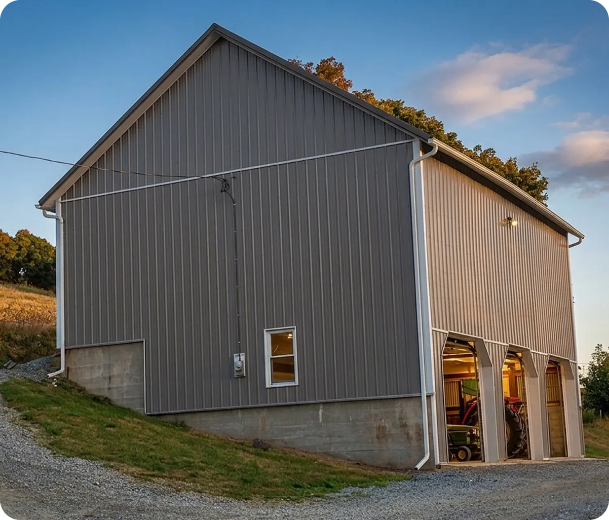 An after image of a gray metal barn with three open garage doors, concrete foundation, a small window, and equipment inside, set on a sloped gravel driveway.