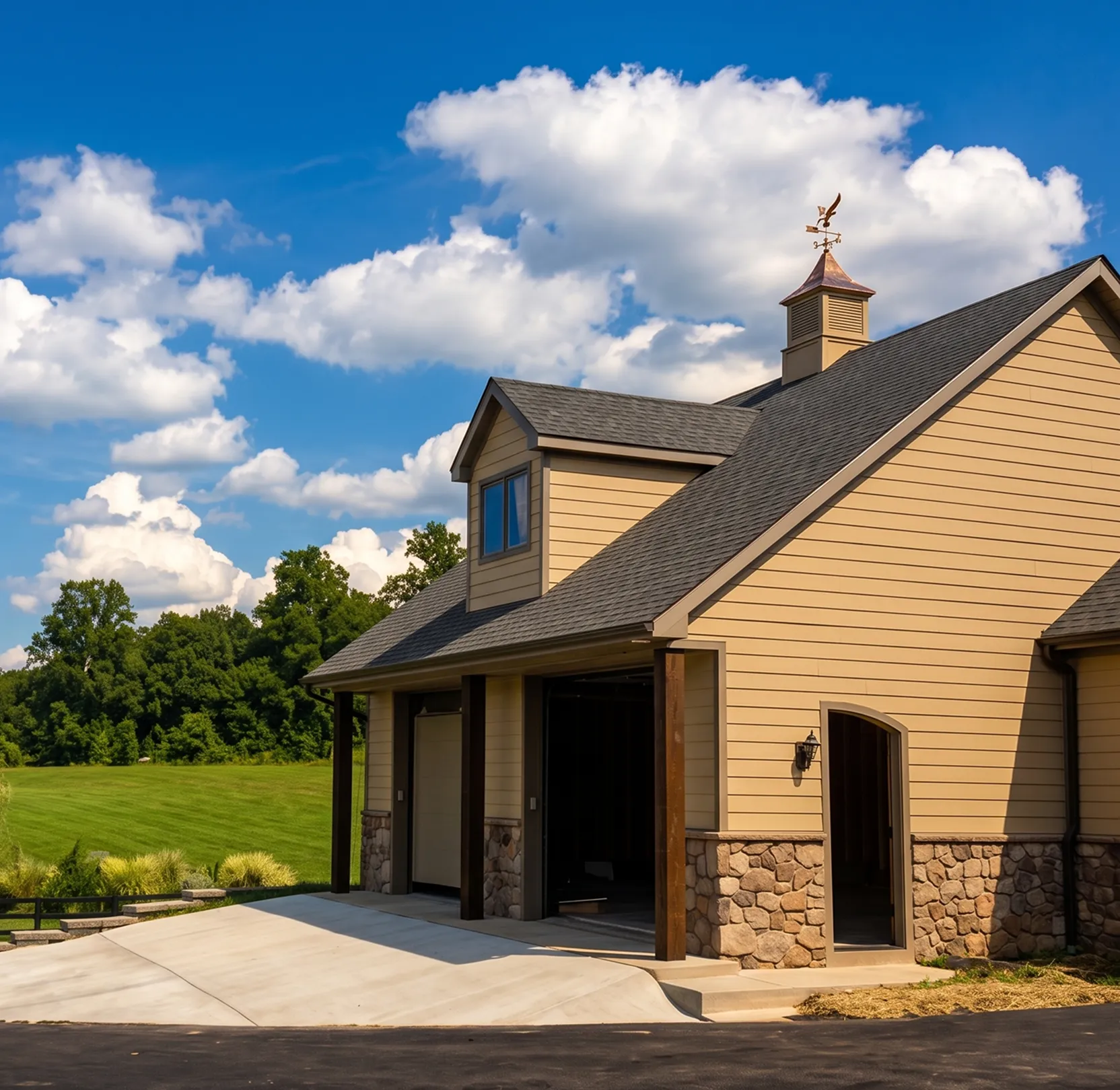 A tan barn with stone accents, open garage doors, and a cupola sits near a grassy field under a blue sky with scattered clouds.