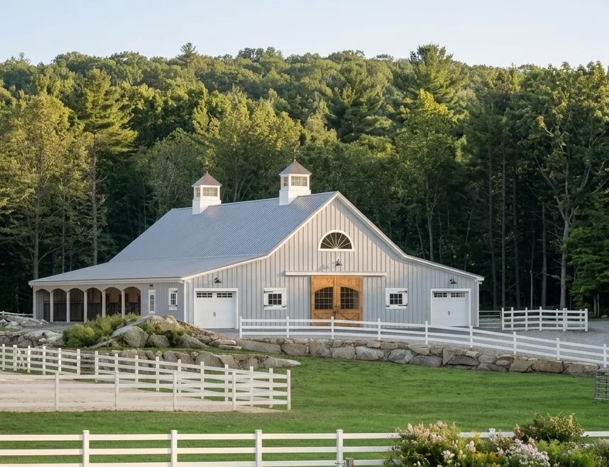 A large gray barn with two cupolas, white trim, and fenced surroundings sits in front of a wooded area on a sunny day.