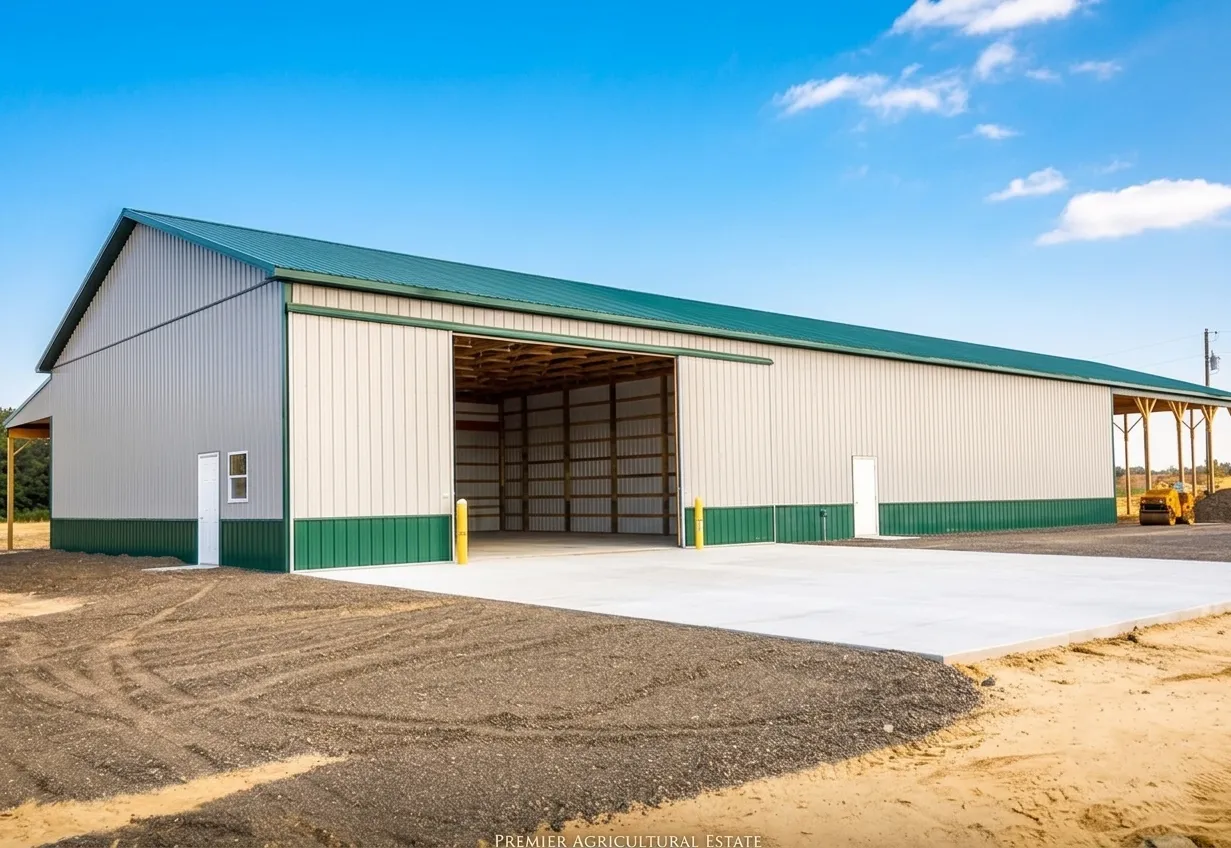 Large metal barn with a green roof and trim, wide open sliding door, and concrete entrance, set on dirt ground.