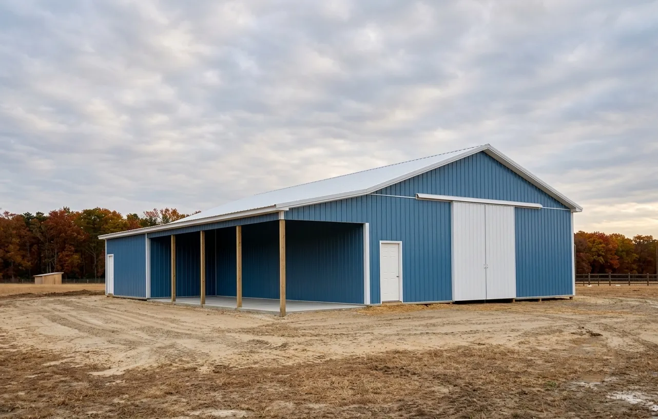 A large blue metal barn with a white roof and sliding doors stands on bare ground.
