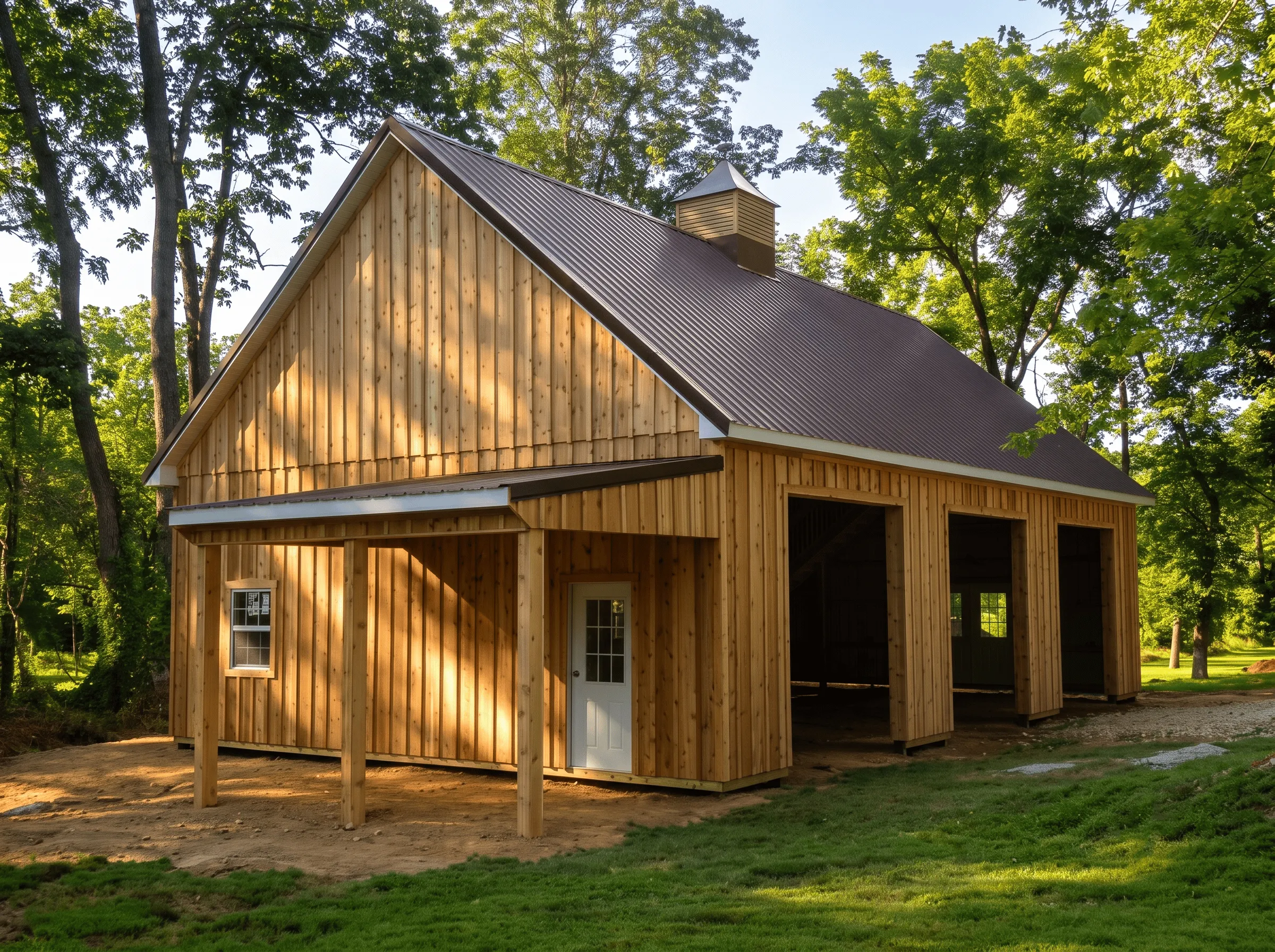 A wooden barn with a metal roof stands on a grassy area surrounded by trees, partially open with large entryways and a small white door.