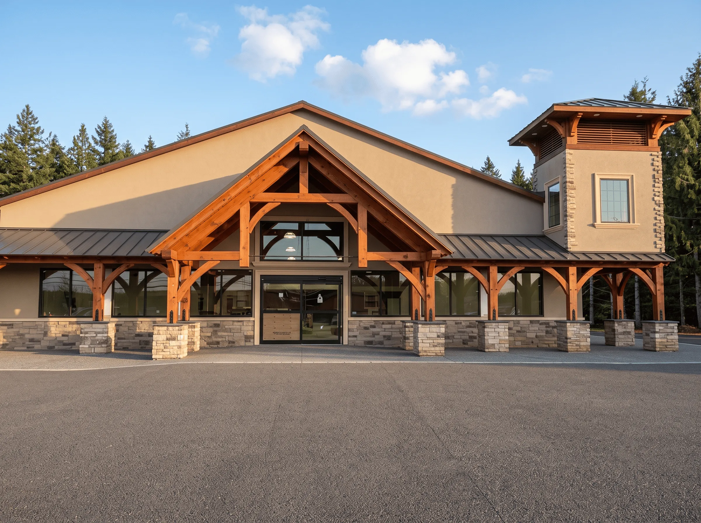 Modern single-story commercial building with wood and stone accents, large glass entryway, and a small tower on the right.