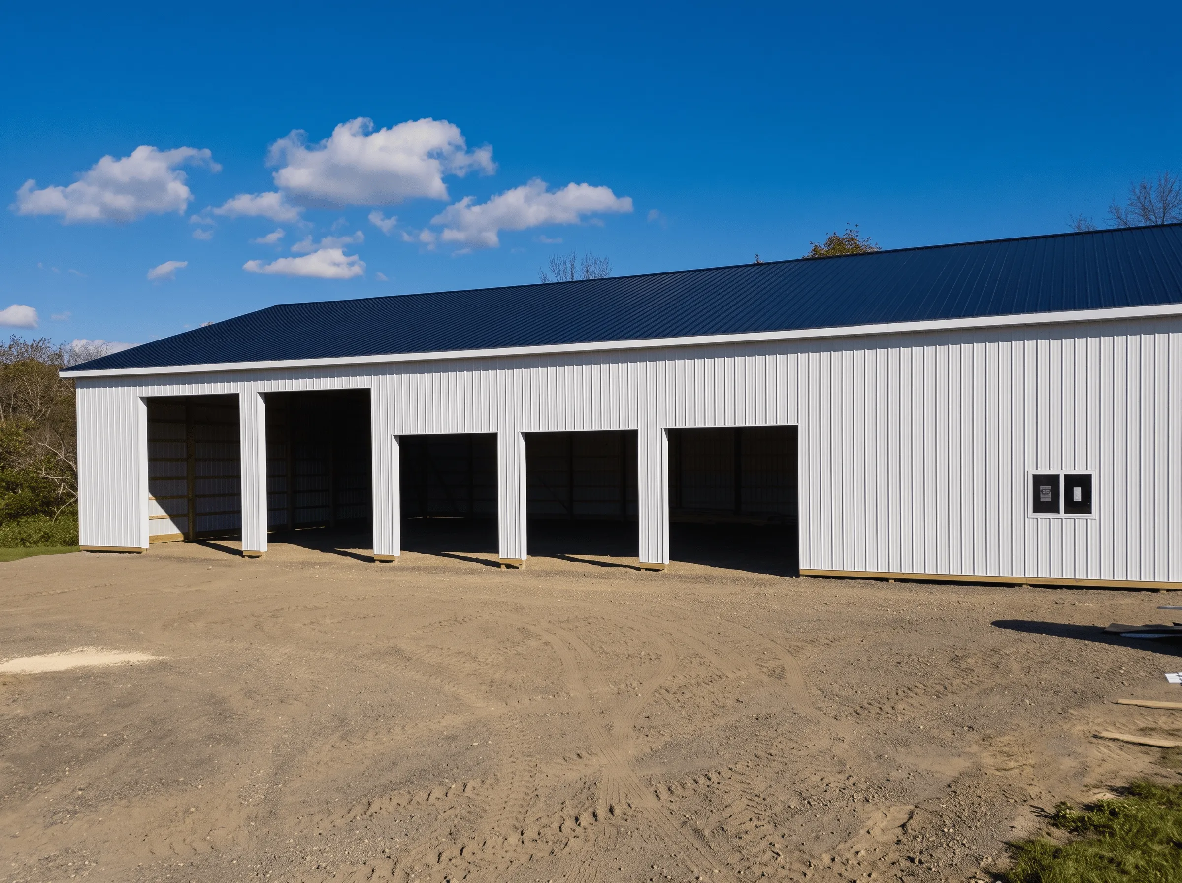 A large white metal building with four open garage bays sits on a dirt lot.