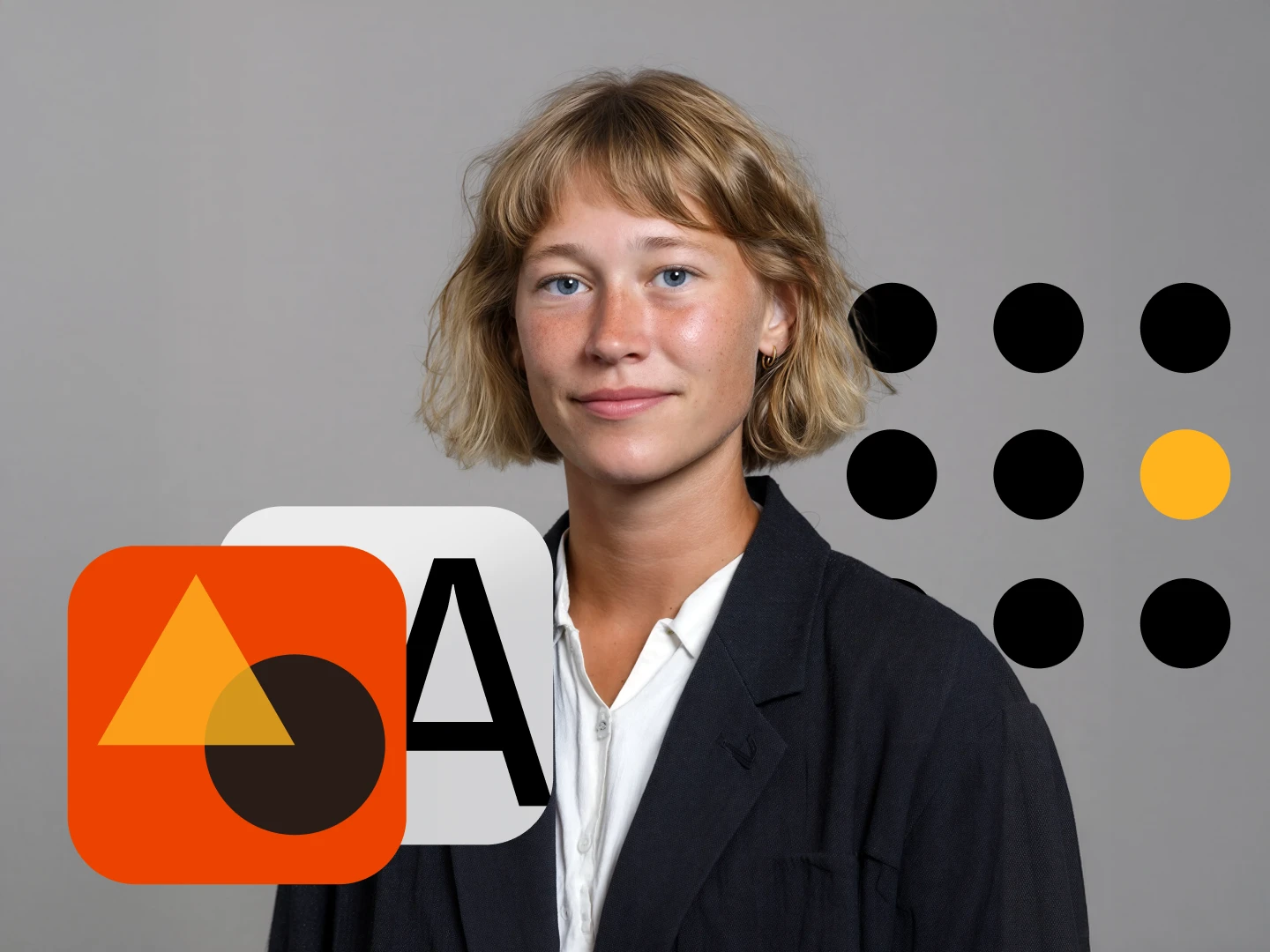 Smiling woman with short blonde hair wearing a black blazer and white shirt against a plain gray background with overlapping geometric and letter icons.