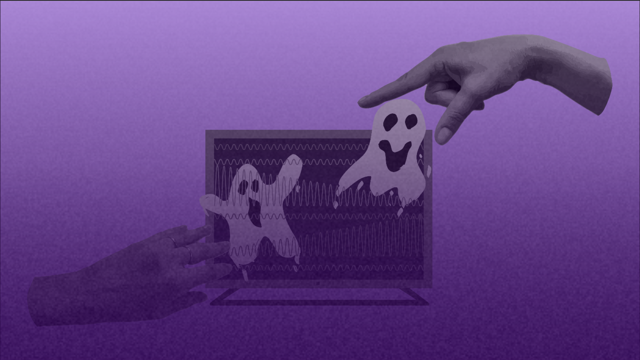Two ghosts floating out of a computer monitor with disembodied hands floating around them