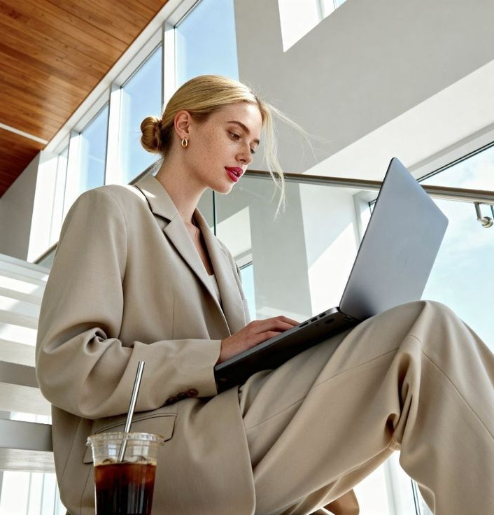 A business owner working on a laptop in a light-filled office
