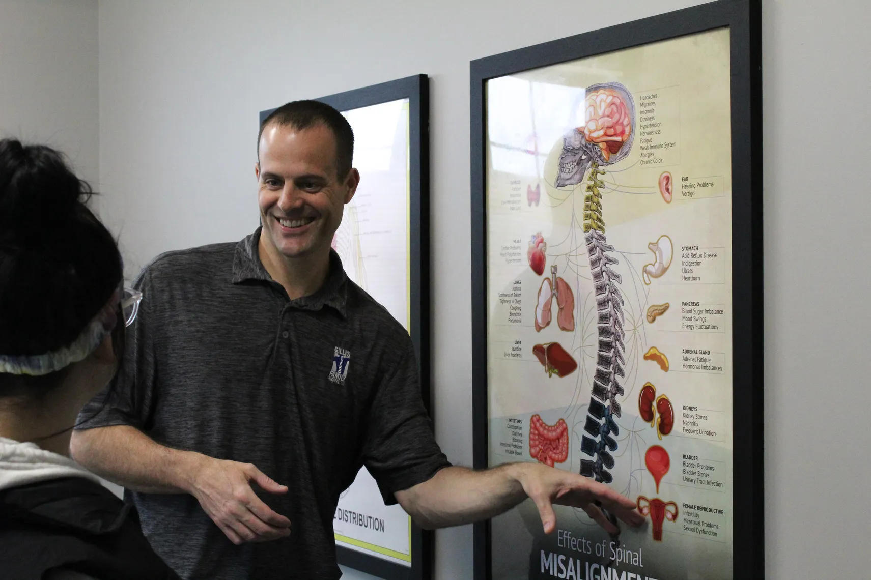 Dr. Adam Greenman reviewing a spine chart with a patient
