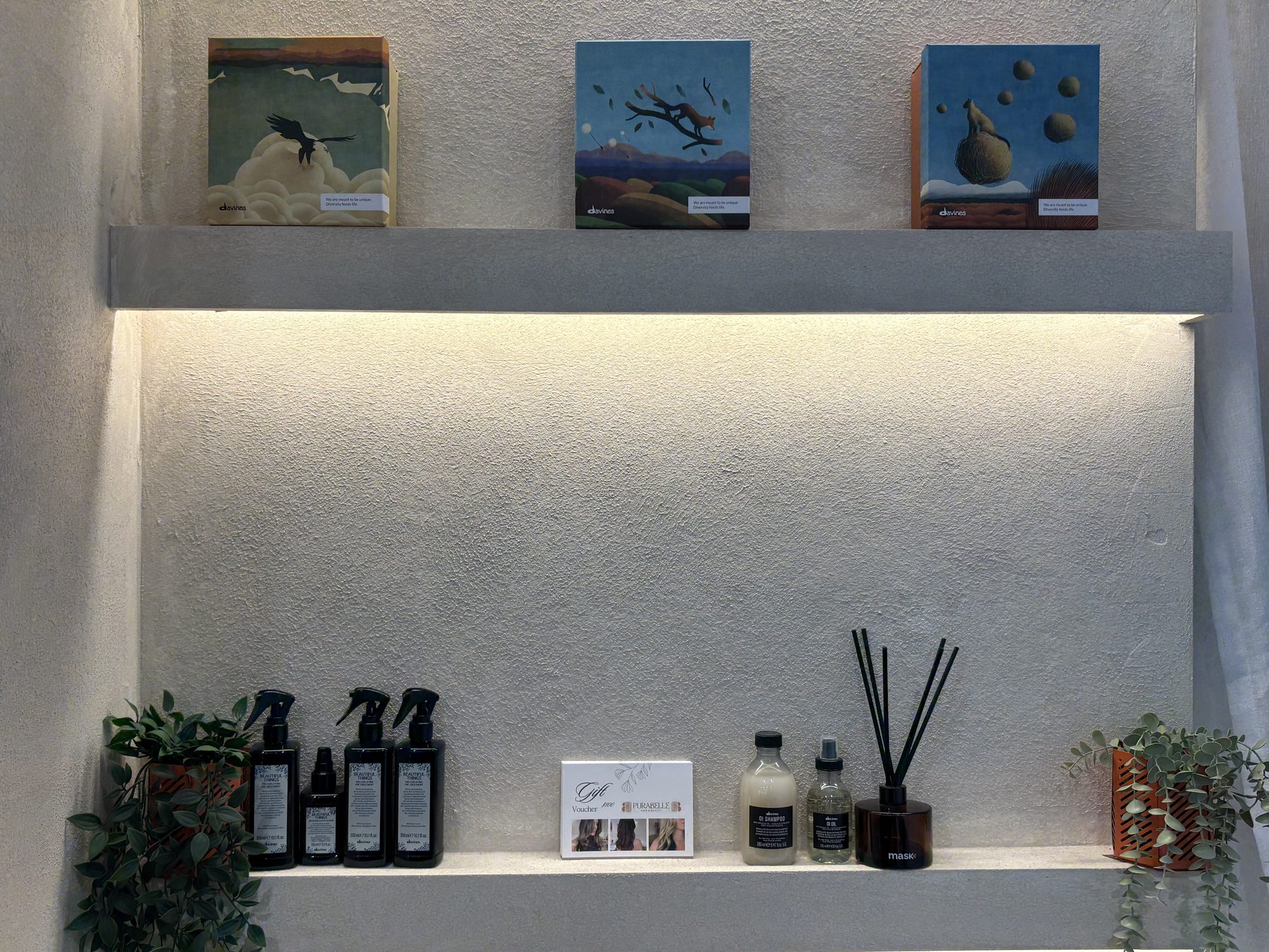 The Davines shelf and styling area at Purabelle in Nerang