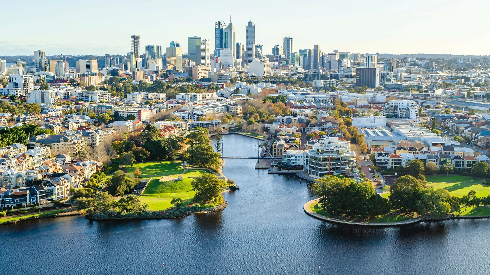 Aerial view of the Perth city skyline and river foreshore