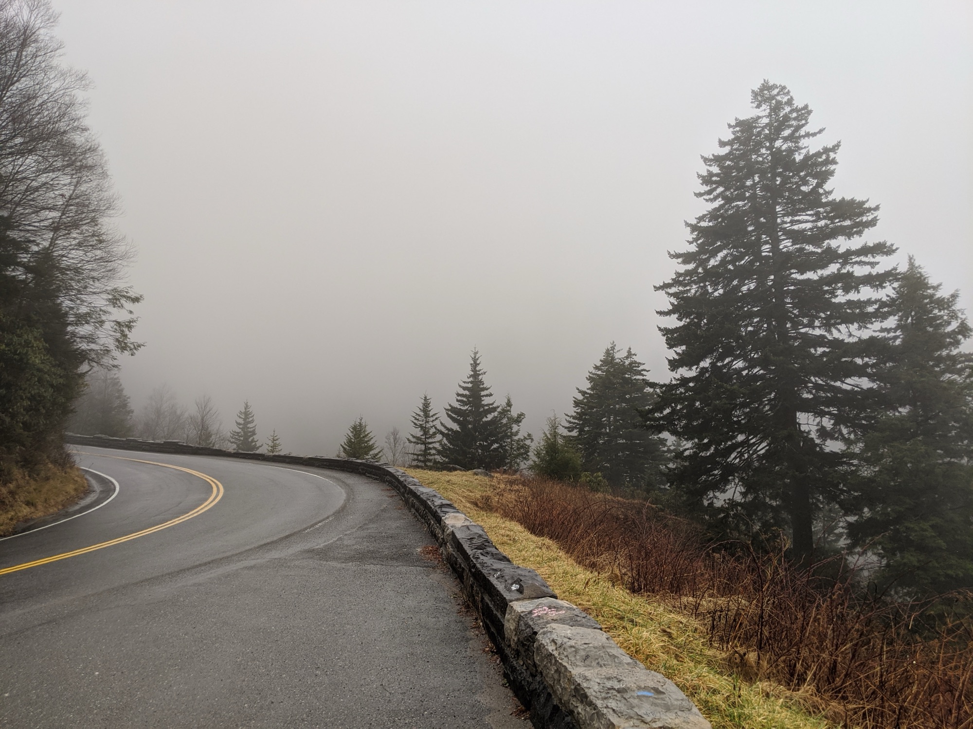 Route de montagne sinueuse un jour de brume