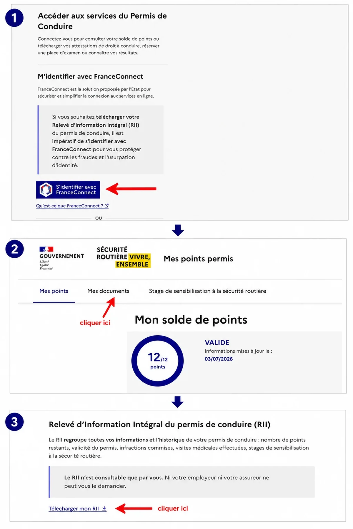 Étapes pour télécharger le relevé d'information intégral depuis Mes Points Permis