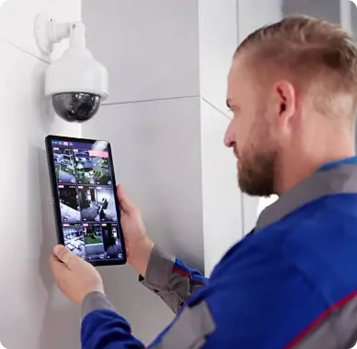 Smiling man with glasses and beard using smartphone in cozy, modern living room.