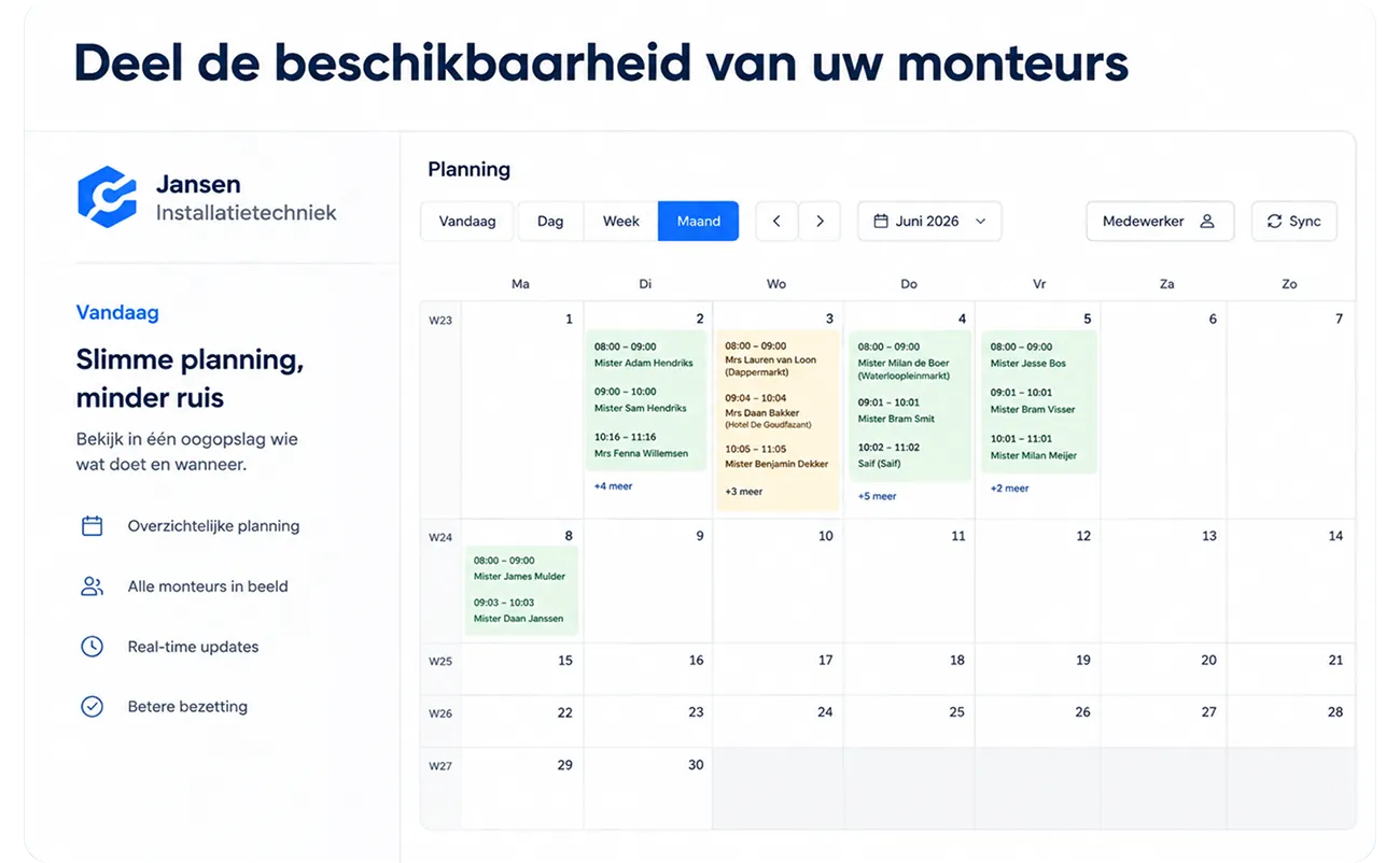 Calendar interface showing a technician planning schedule with appointments in June 2026, some highlighted in green.