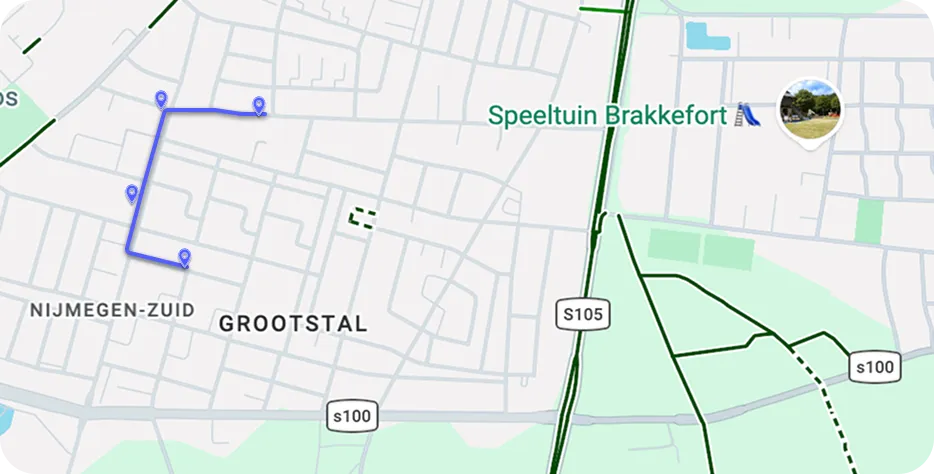 Map section showing Nijmegen-Zuid and Grootstal with a blue route and Speeltuin Brakkefort park nearby.