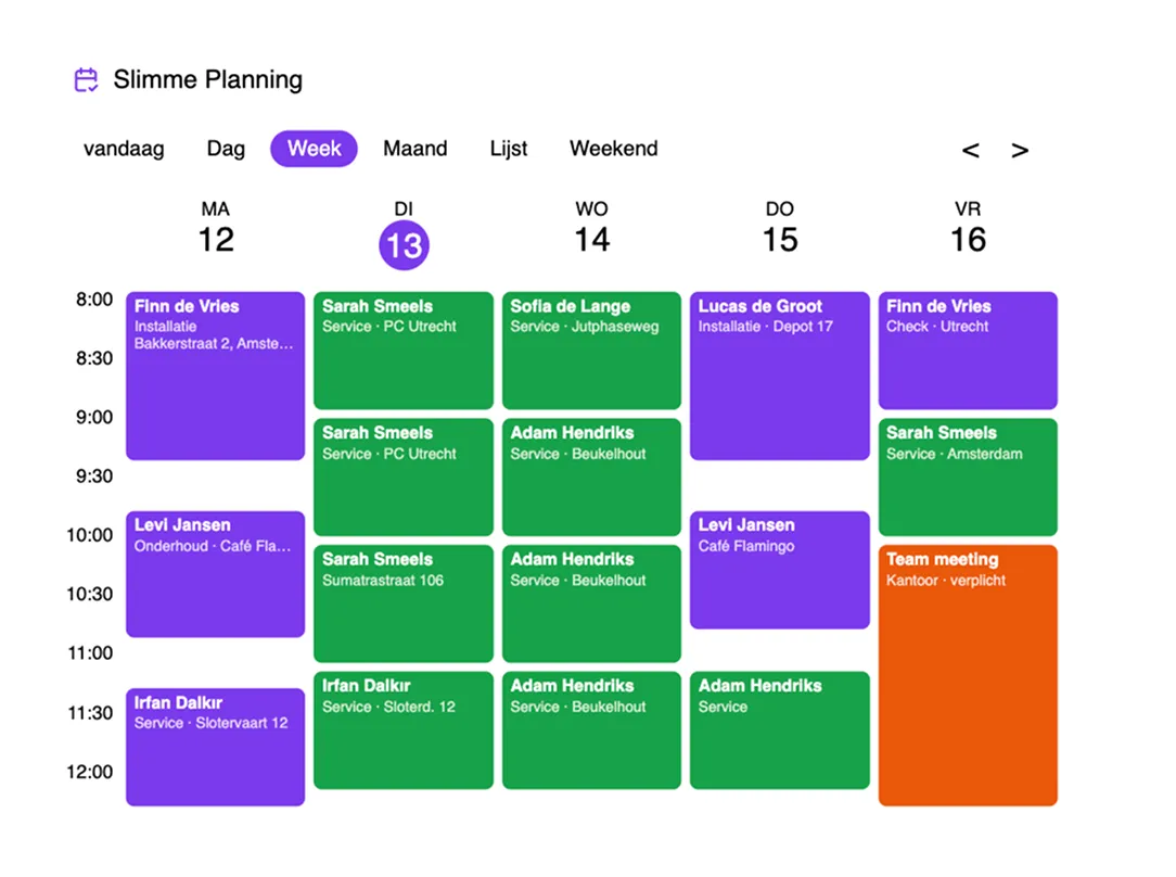 Weekly calendar with appointments in purple, green, and orange blocks for various people and tasks.