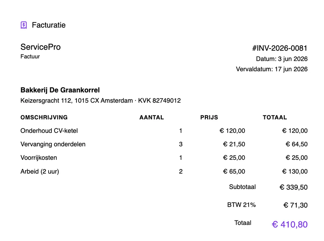 Invoice from Bakkerij De Graankorrel in Amsterdam itemizing maintenance, parts, labor, totaling €410.80.
