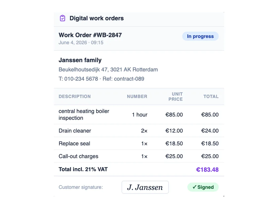 Digital work order for Janssen family with heating inspection and repair tasks totaling €183.48, signed by J. Janssen.