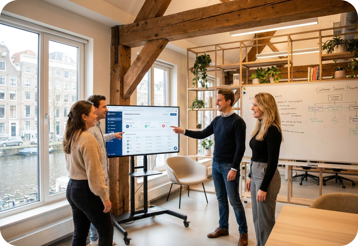 Team van ServicePlanner in gesprek bij een scherm op kantoor