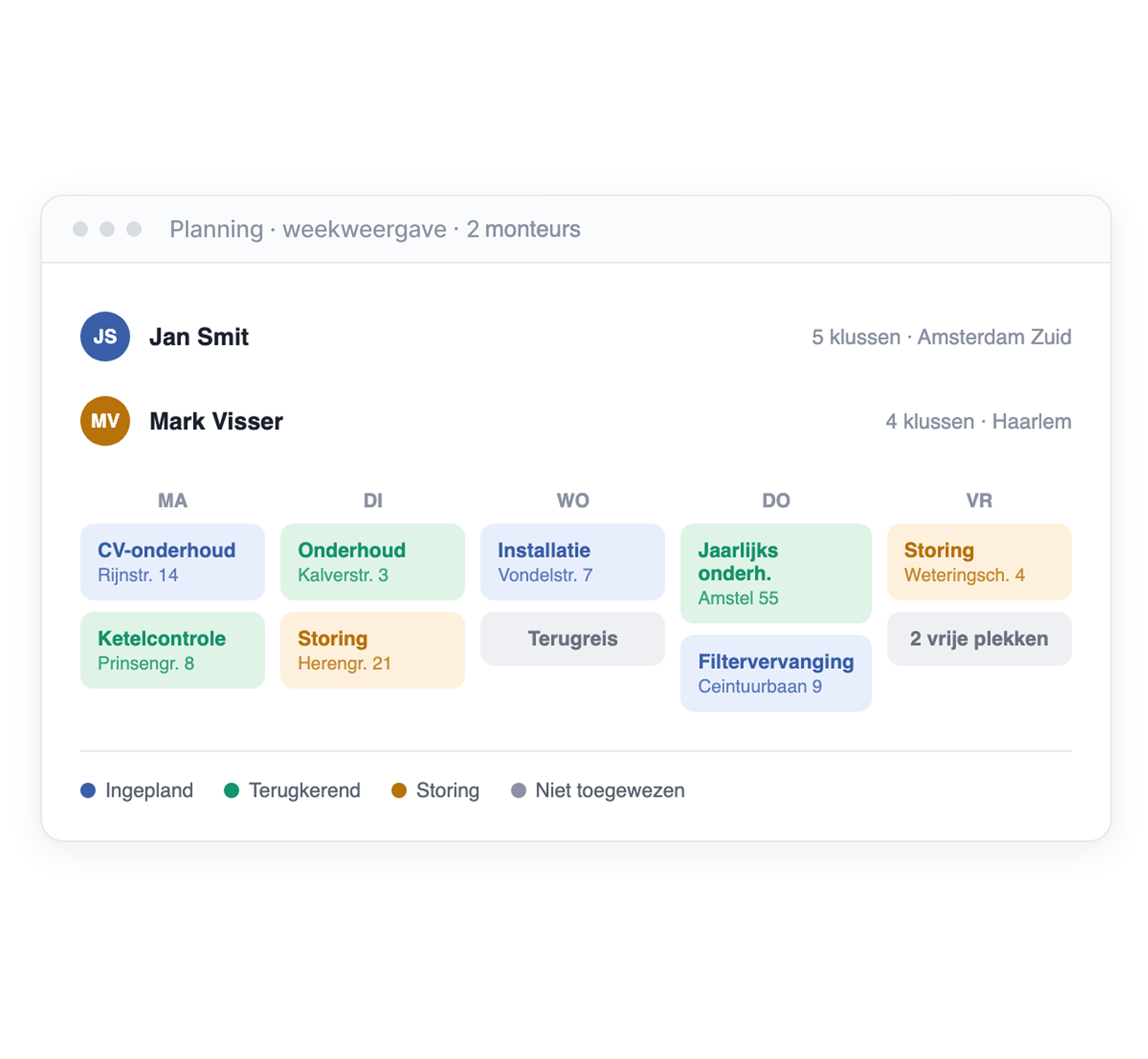 Weekplanning in ServicePlanner met afspraken per monteur, gekleurd per type: ingepland, terugkerend en storing.