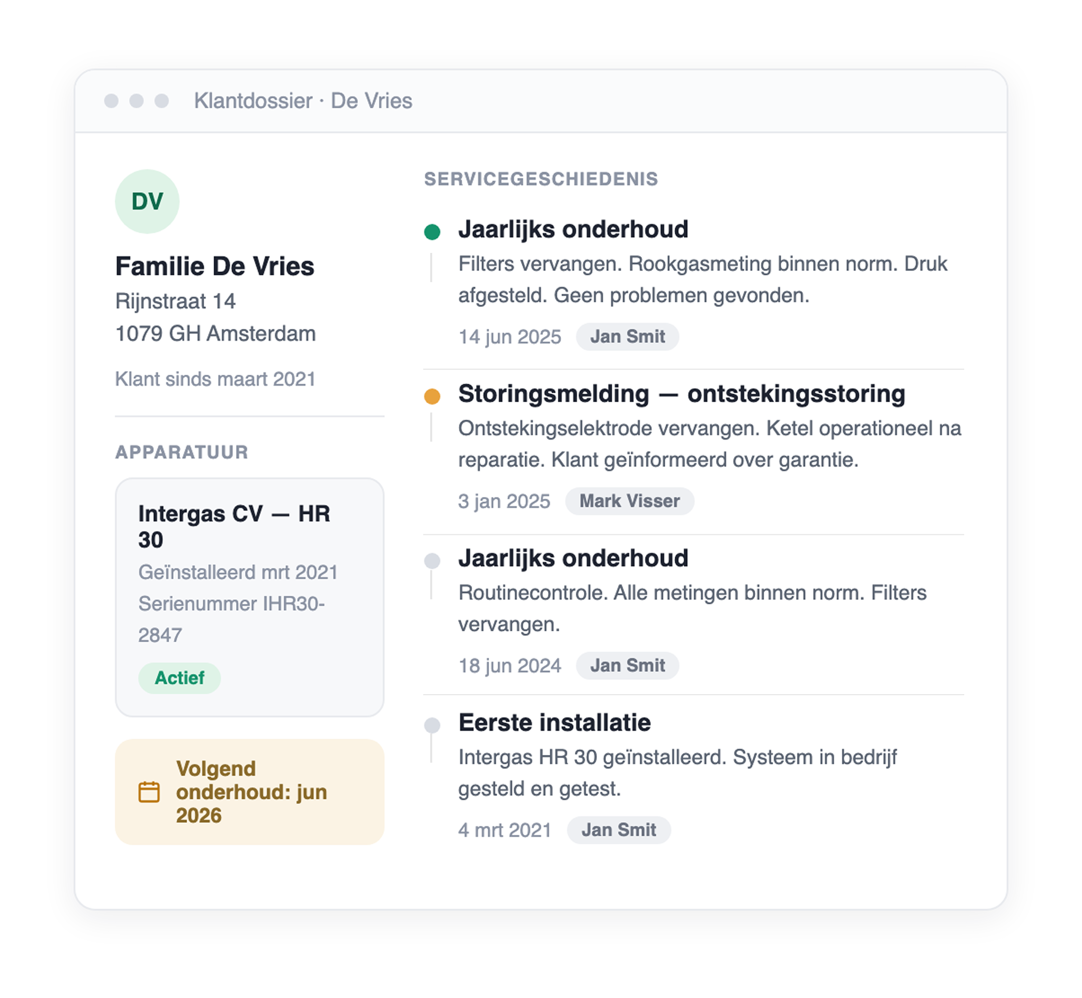 Klantdossier in ServicePlanner met afspraken en installatiehistorie per klant