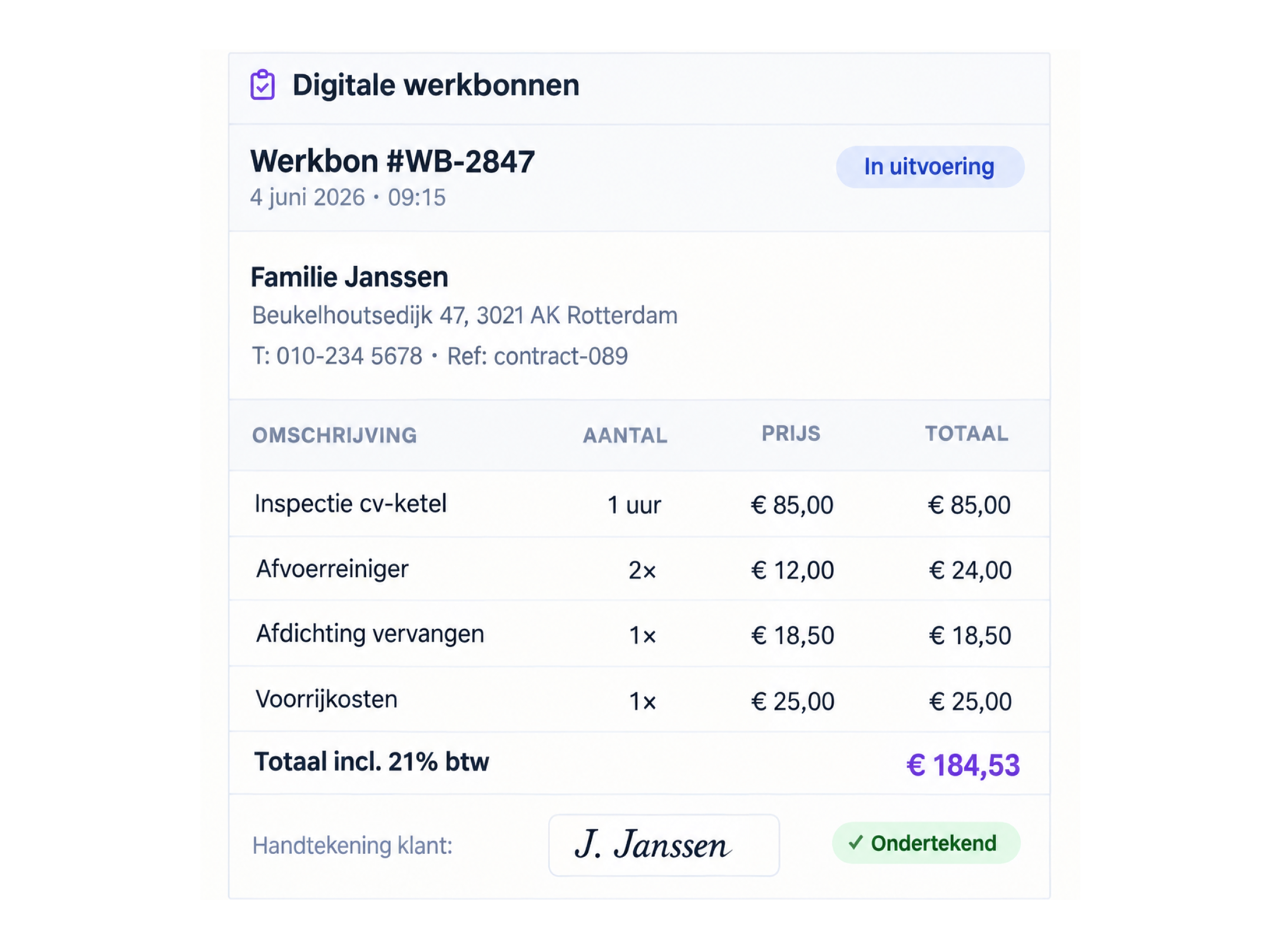 Digitale werkbon voor familie Janssen met cv-inspectie en reparatie, totaal € 183,48, ondertekend door J. Janssen.