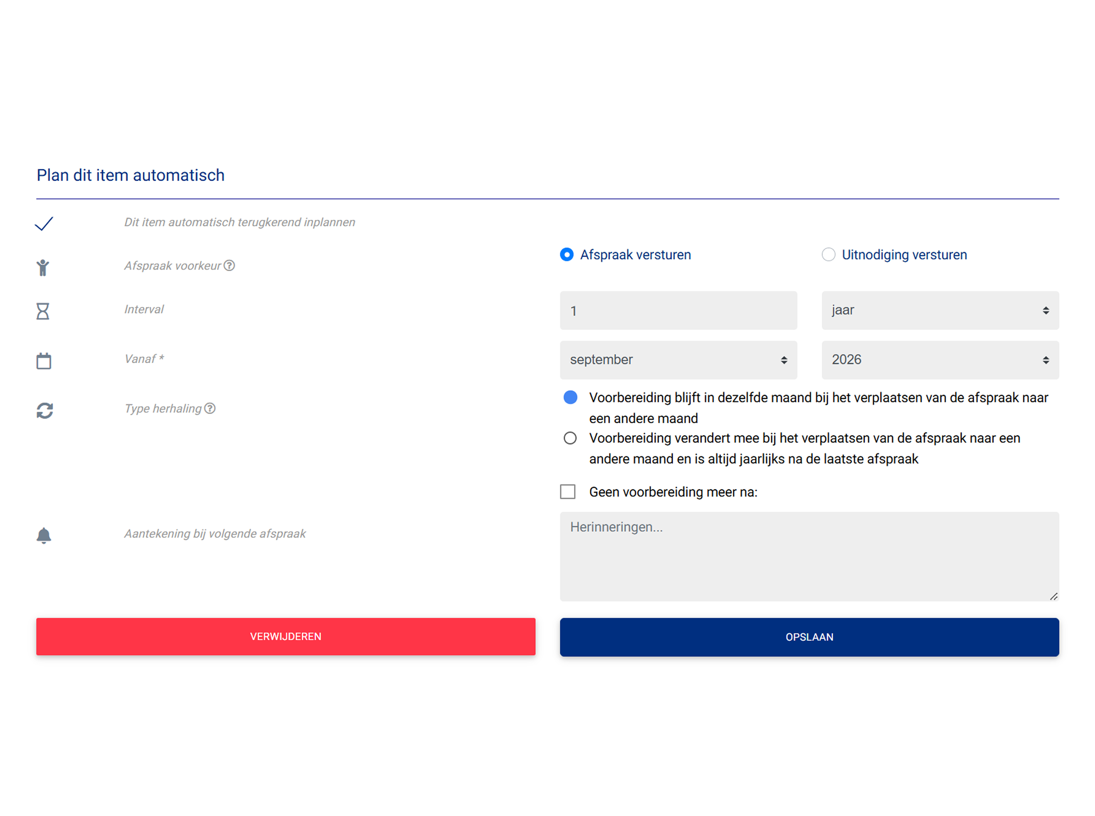 Automatische onderhoudsplanning met cv-ketel, waterfilter en loodgieterswerk, met status en datum per afspraak.