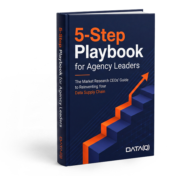 3D book cover titled '5-Step Playbook for Agency Leaders' with a subtitle 'The Market Research CEOs' Guide to Reinventing Your Data Supply Chain' and an orange upward staircase arrow graphic, published by DATA(Q).