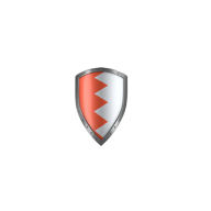 Shield emblem featuring a symmetrical white zigzag design dividing a red background on the left and right sides.