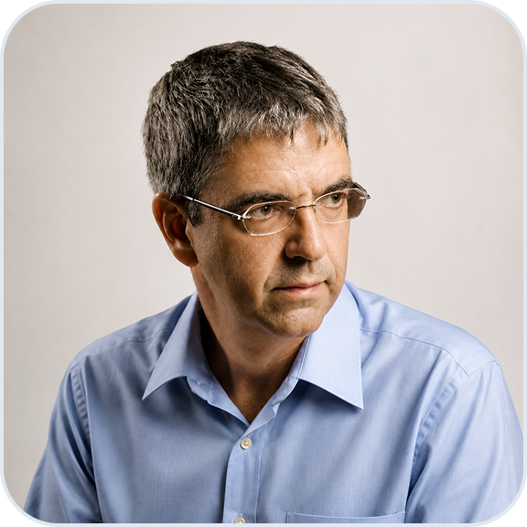 Middle-aged man with short graying hair and glasses wearing a light blue button-up shirt, looking thoughtfully to his right against a plain light background.