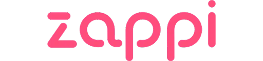 The word 'zappi' written in lowercase letters in a rounded pink font on a black background.