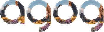 The letters a, g, o, q filled with images of rocky, mountainous landscapes with some greenery.