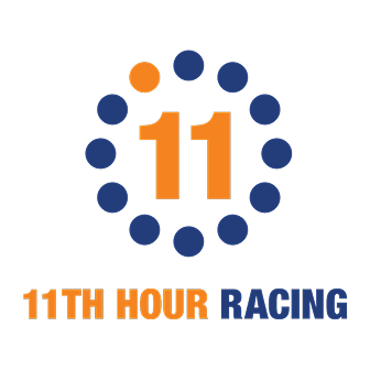 Orange number 11 surrounded by blue dots and text '11TH HOUR RACING' below on black background.