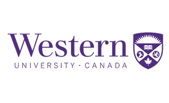 Western University Canada text with purple shield emblem featuring an open book, sunburst, and symbols.