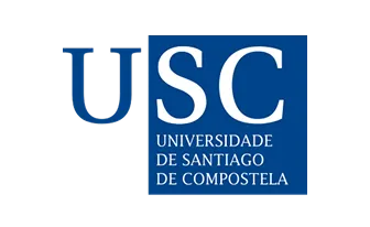 Logo of Universidade de Santiago de Compostela with blue U and white S and C on blue background.
