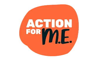 Logo with text 'ACTION FOR M.E.' inside an irregular orange shape.
