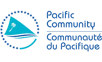 Pacific Community logo with a blue triangular shape, white palm tree, and blue stars circle.
