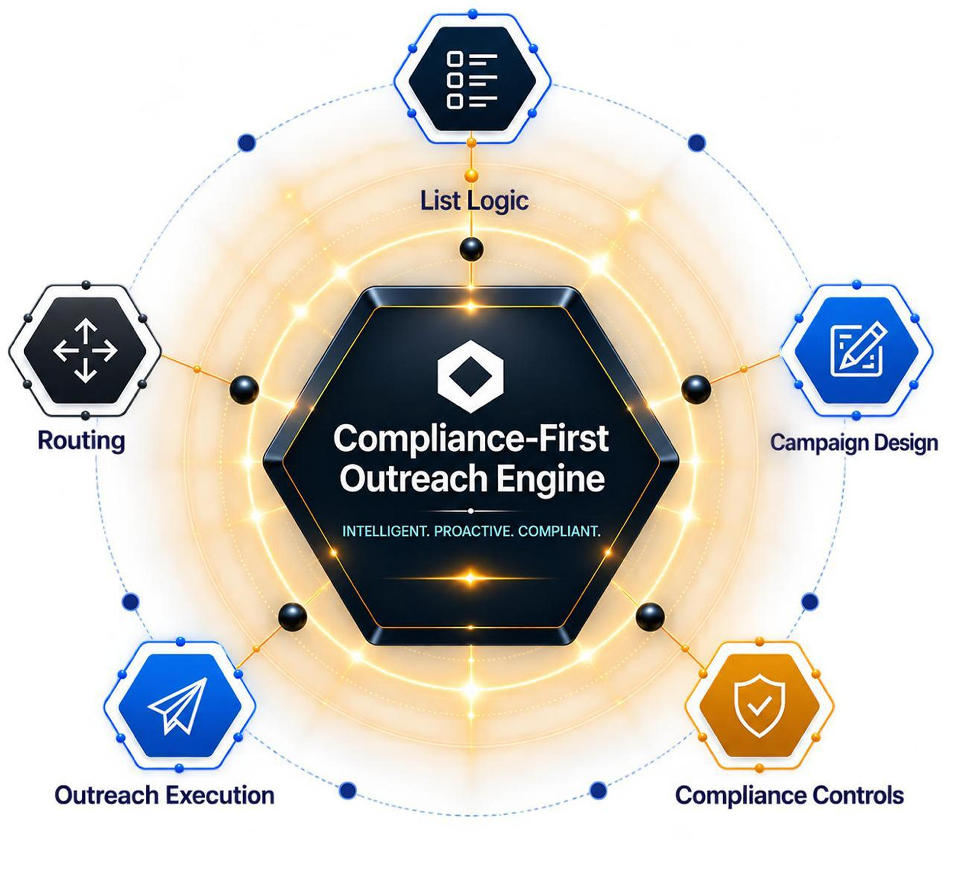 Compliance-First Outreach Engine connecting List Logic, Campaign Design, Compliance Controls, Outreach Execution and Routing
