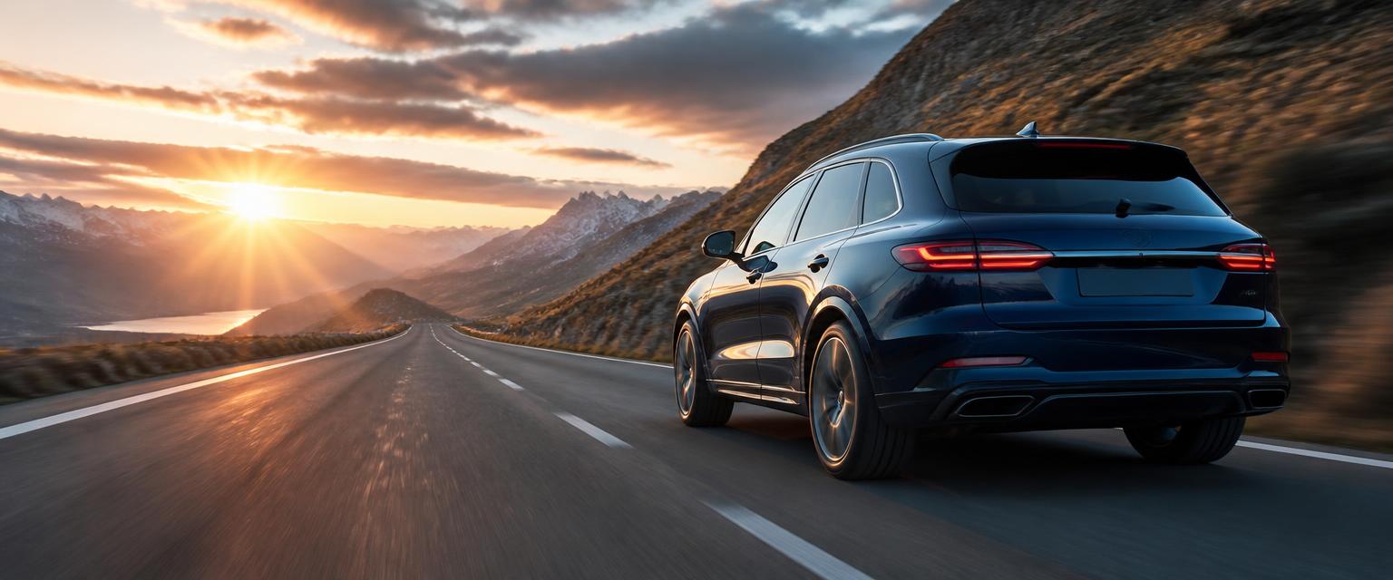 Dark blue SUV driving through the mountains at sunrise