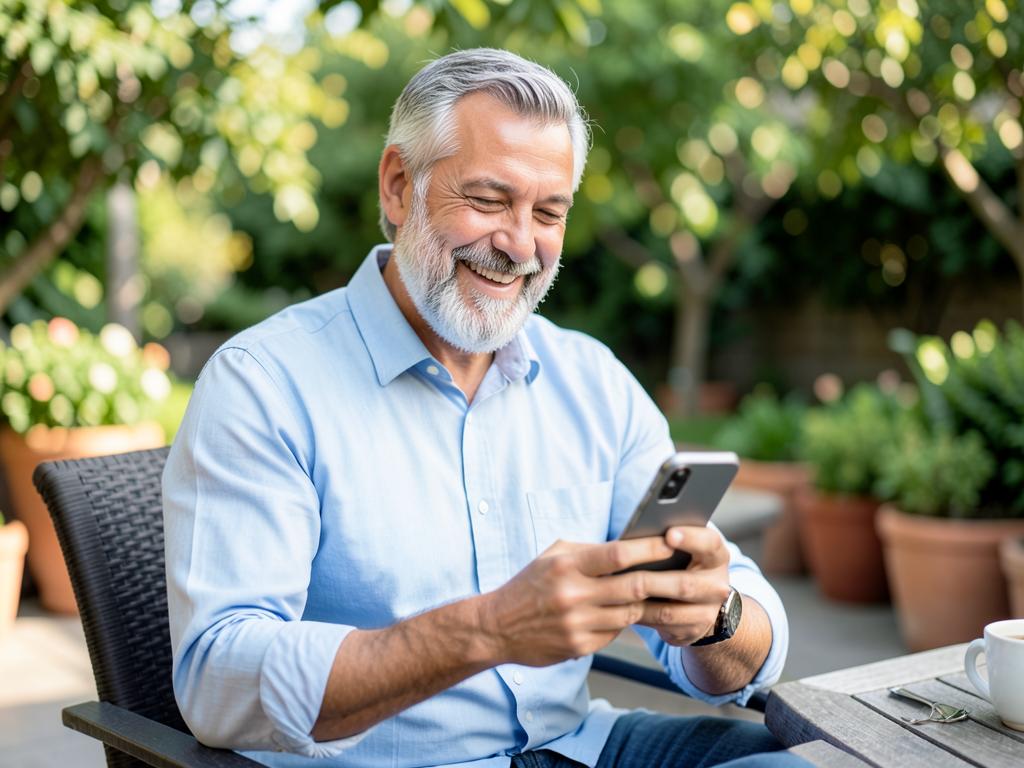 Cardholder smiling while using a mobile phone on a city street