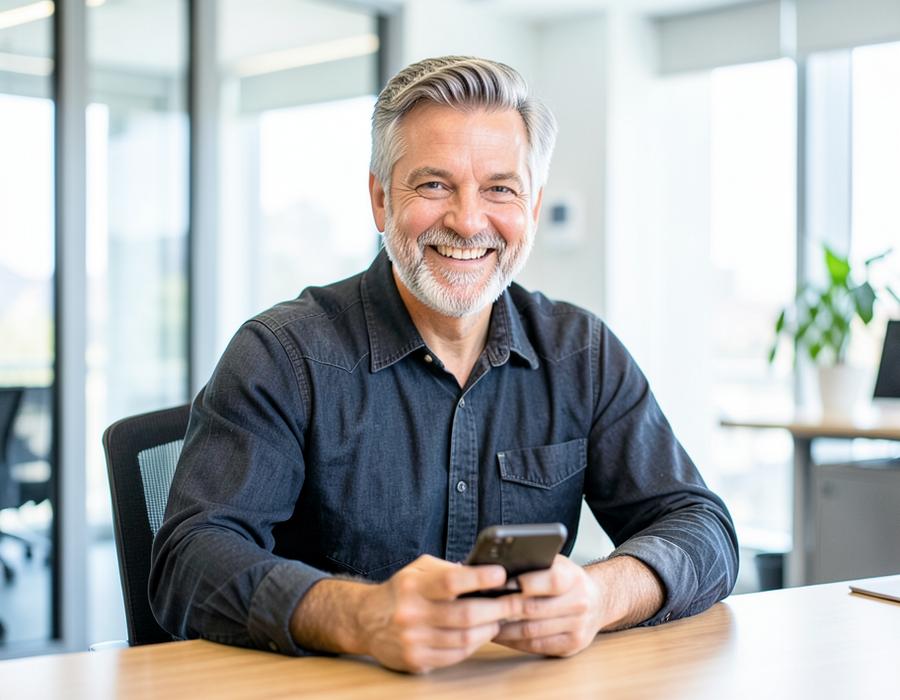 Cardholder smiling while using a mobile phone on a city street