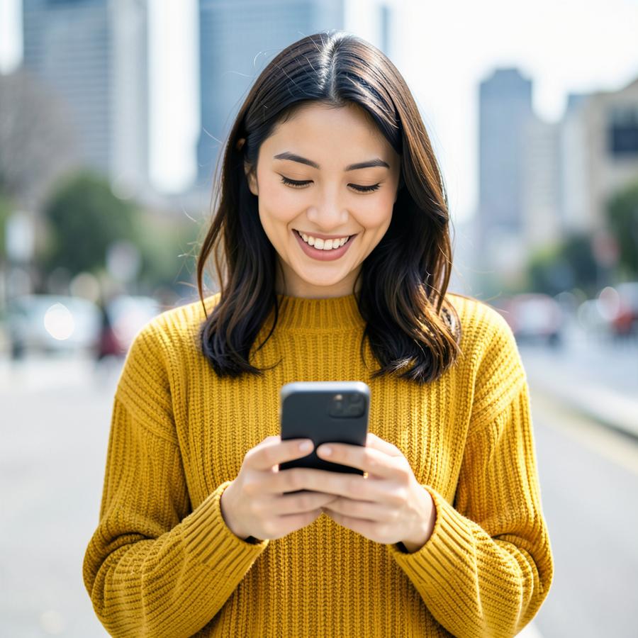Cardholder smiling while using a mobile phone on a city street