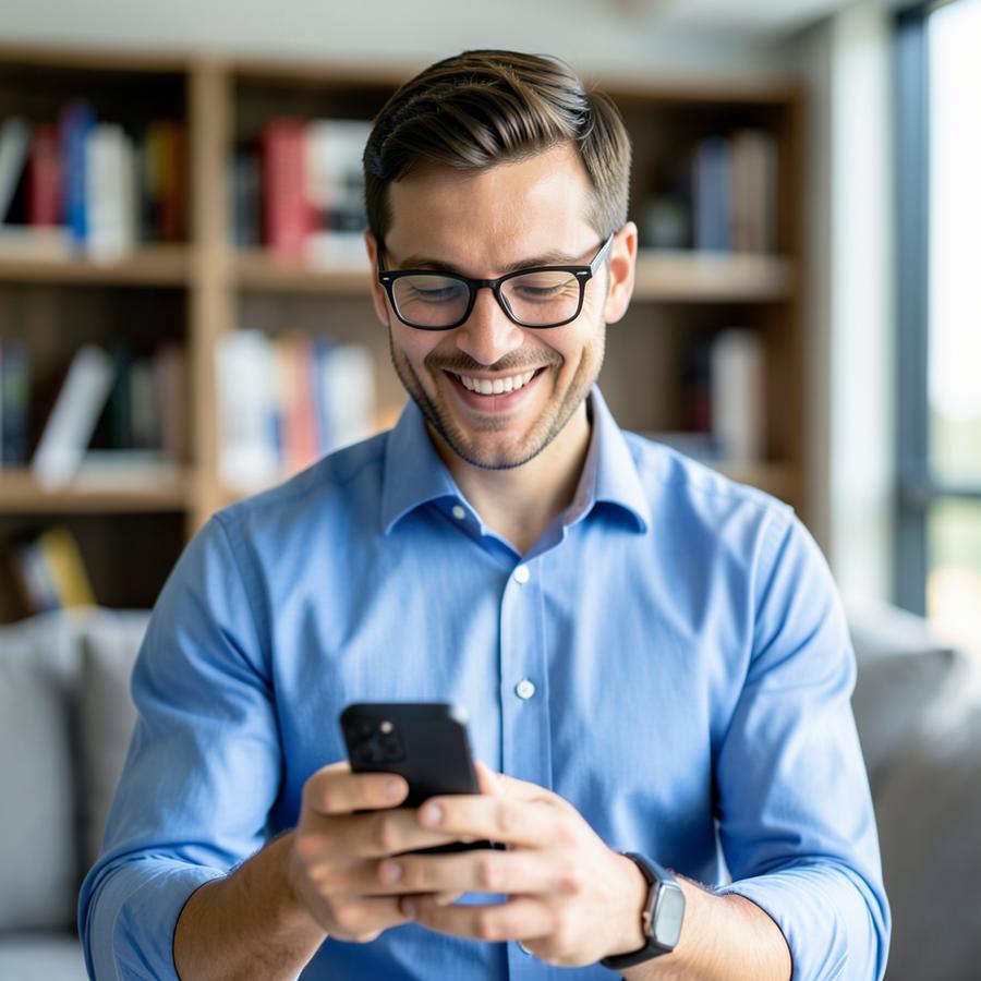 Cardholder smiling while using a mobile phone on a city street