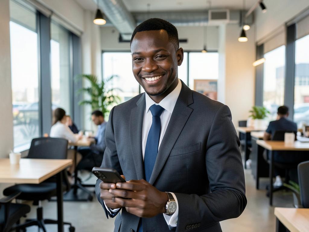 Cardholder smiling while using a mobile phone on a city street