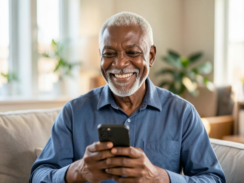 Cardholder smiling while using a mobile phone on a city street