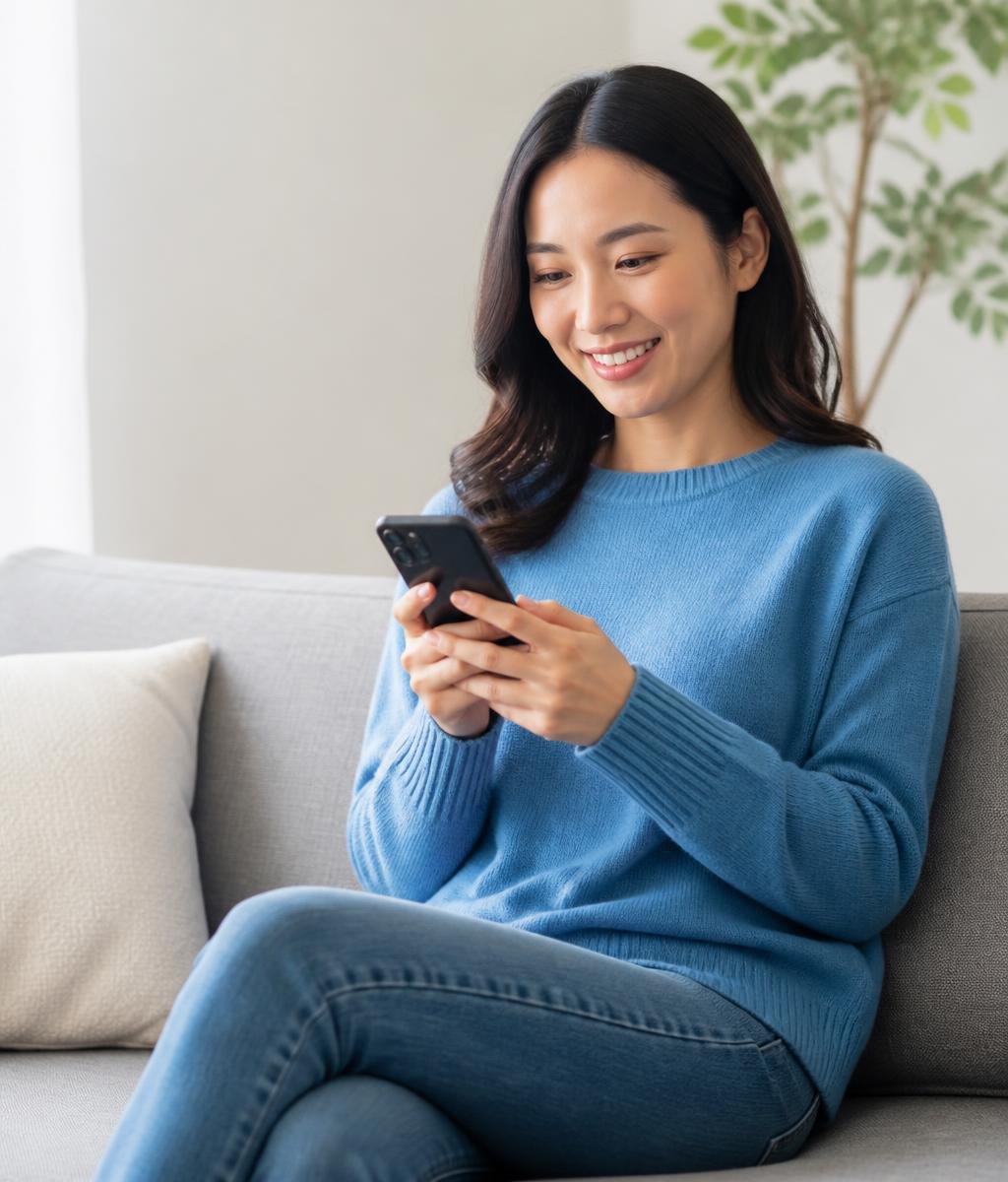Cardholder smiling while using a mobile phone on a city street