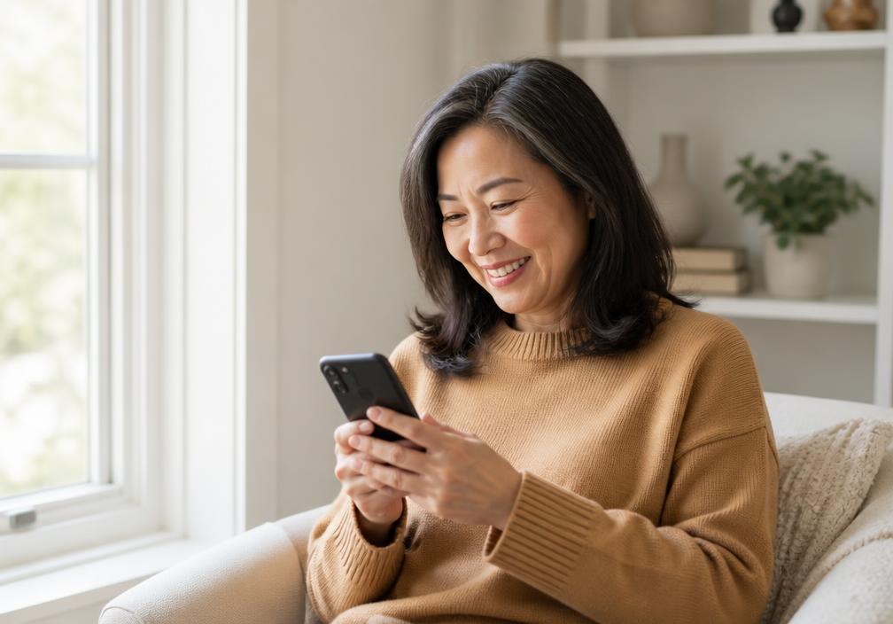Cardholder smiling while using a mobile phone on a city street