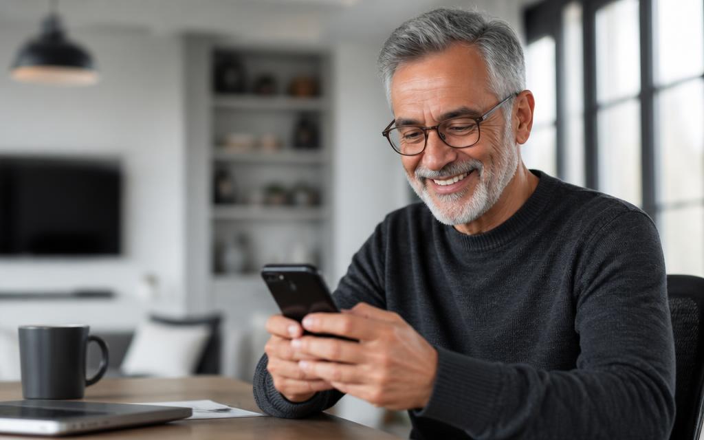 Cardholder smiling while using a mobile phone on a city street